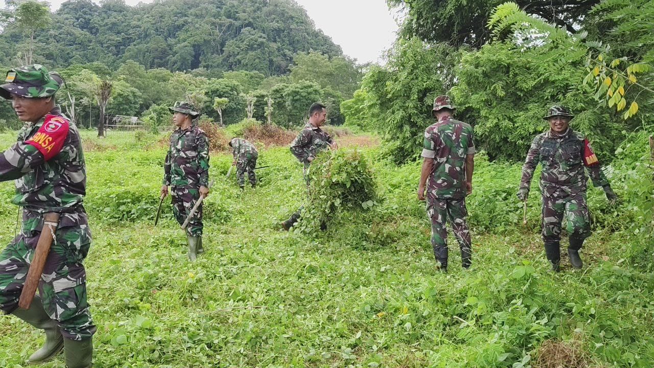 Dukung Program Swasembada Pangan, Personil Koramil 1421-09/Lk Kalmas melaksanakan pengolahan lahan. 