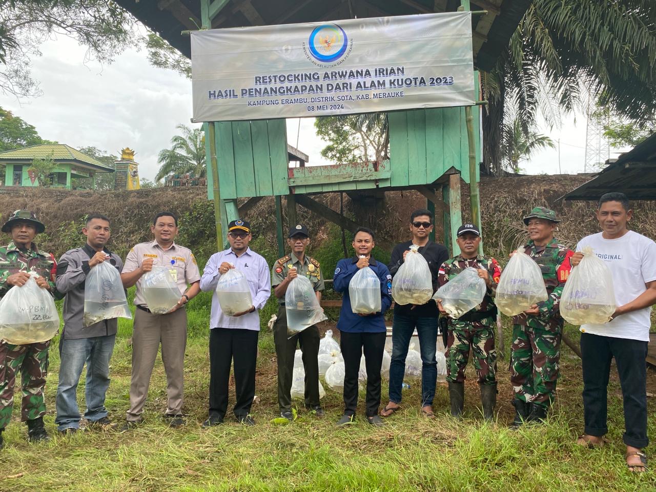 Turut Melindungi Satwa Endemik, Pos Kaliwanggo Bersama BKSDA Merauke, Lepas Ikan Arwana Irian di Sungai